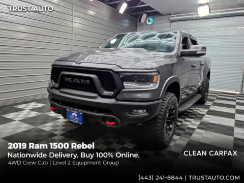 Gray 2019 Ram 1500 Rebel 4WD Crew Cab 5.7L V8 HEMI Pickup Truck w/Level 2 Equipment Group for sale in Sykesville, MD