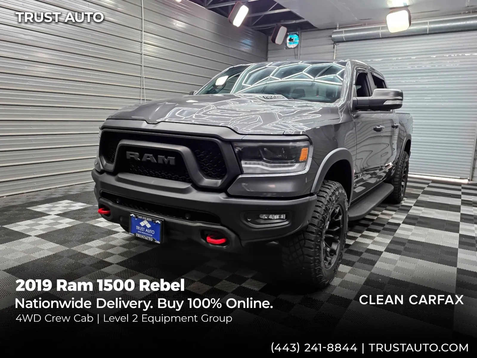 Gray 2019 Ram 1500 Rebel 4WD Crew Cab 5.7L V8 HEMI Pickup Truck w/Level 2 Equipment Group for sale in Sykesville, MD