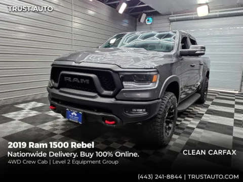 Gray 2019 Ram 1500 Rebel 4WD Crew Cab 5.7L V8 HEMI Pickup Truck w/Level 2 Equipment for sale in Sykesville, MD
