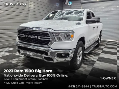 White 2023 Ram 1500 Big Horn 4WD Quad Cab 5.7L V8 Hemi Pickup Truck w/Level 1 Equipment Group for sale in Sykesville, MD