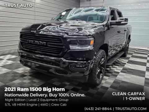 Black 2021 Ram 1500 Big Horn 4WD Crew Cab 5.7L V8 HEMI Pickup Truck w/Night Edition for sale in Sykesville, MD