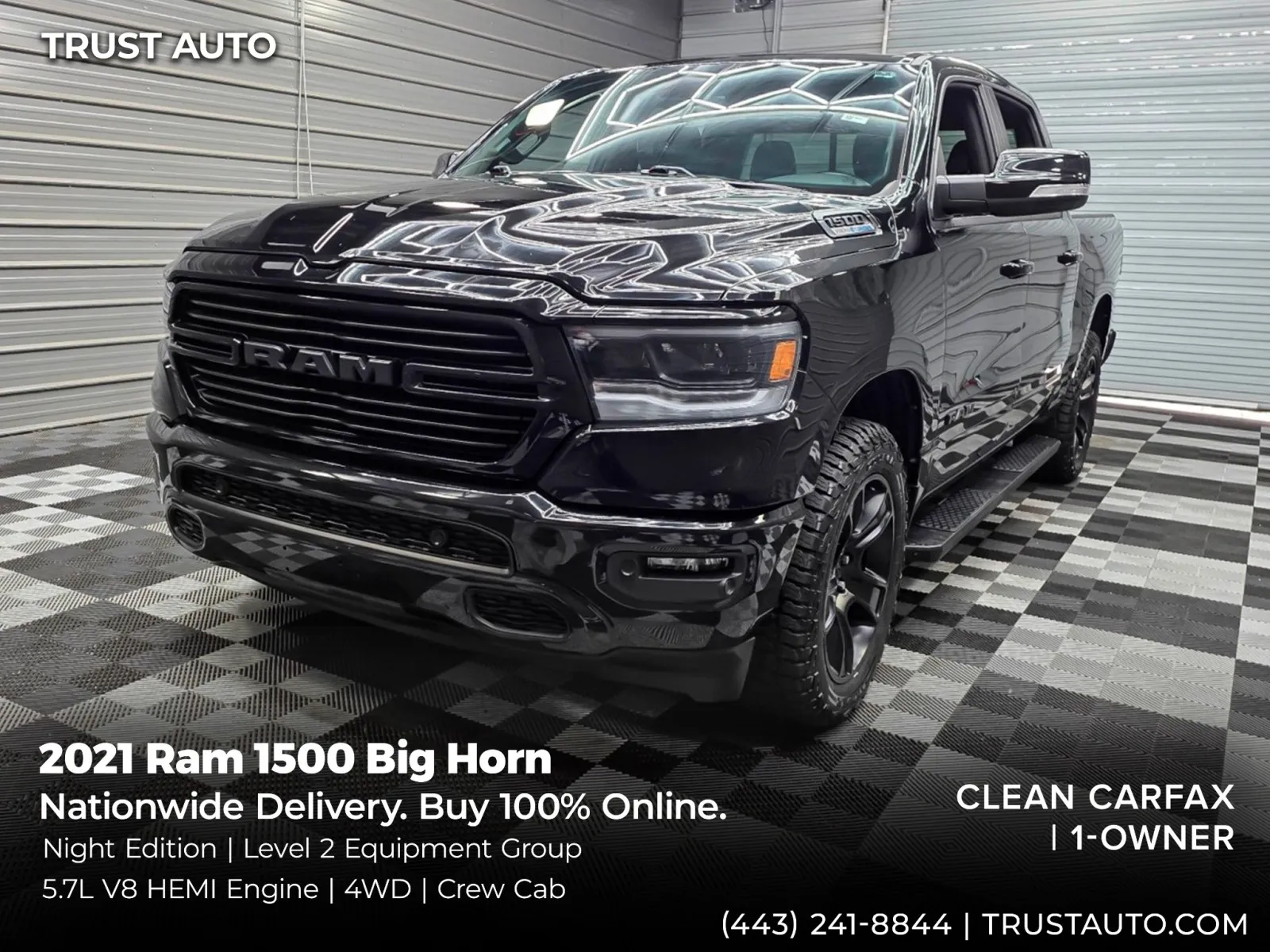 Black 2021 Ram 1500 Big Horn 4WD Crew Cab 5.7L V8 HEMI Pickup Truck w/Night Edition for sale in Sykesville, MD