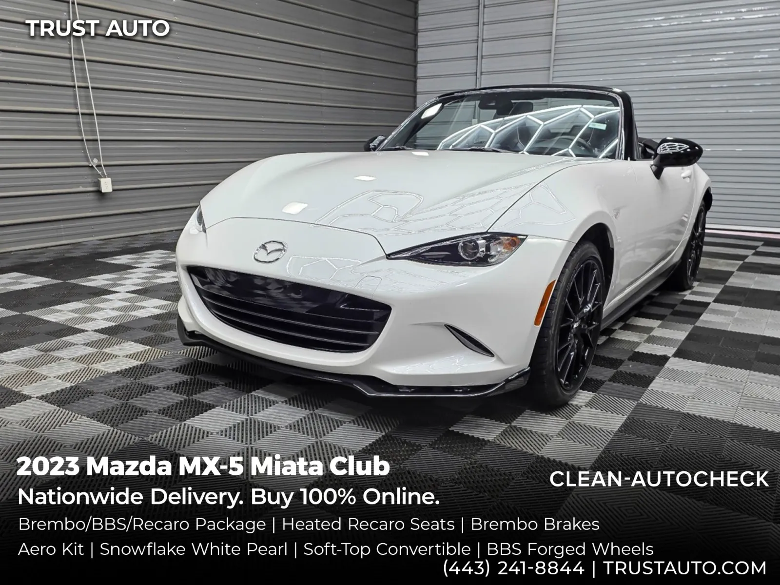 White 2023 Mazda MX-5 Miata Club Soft-Top 6-Speed Manual Convertible for sale in Sykesville, MD