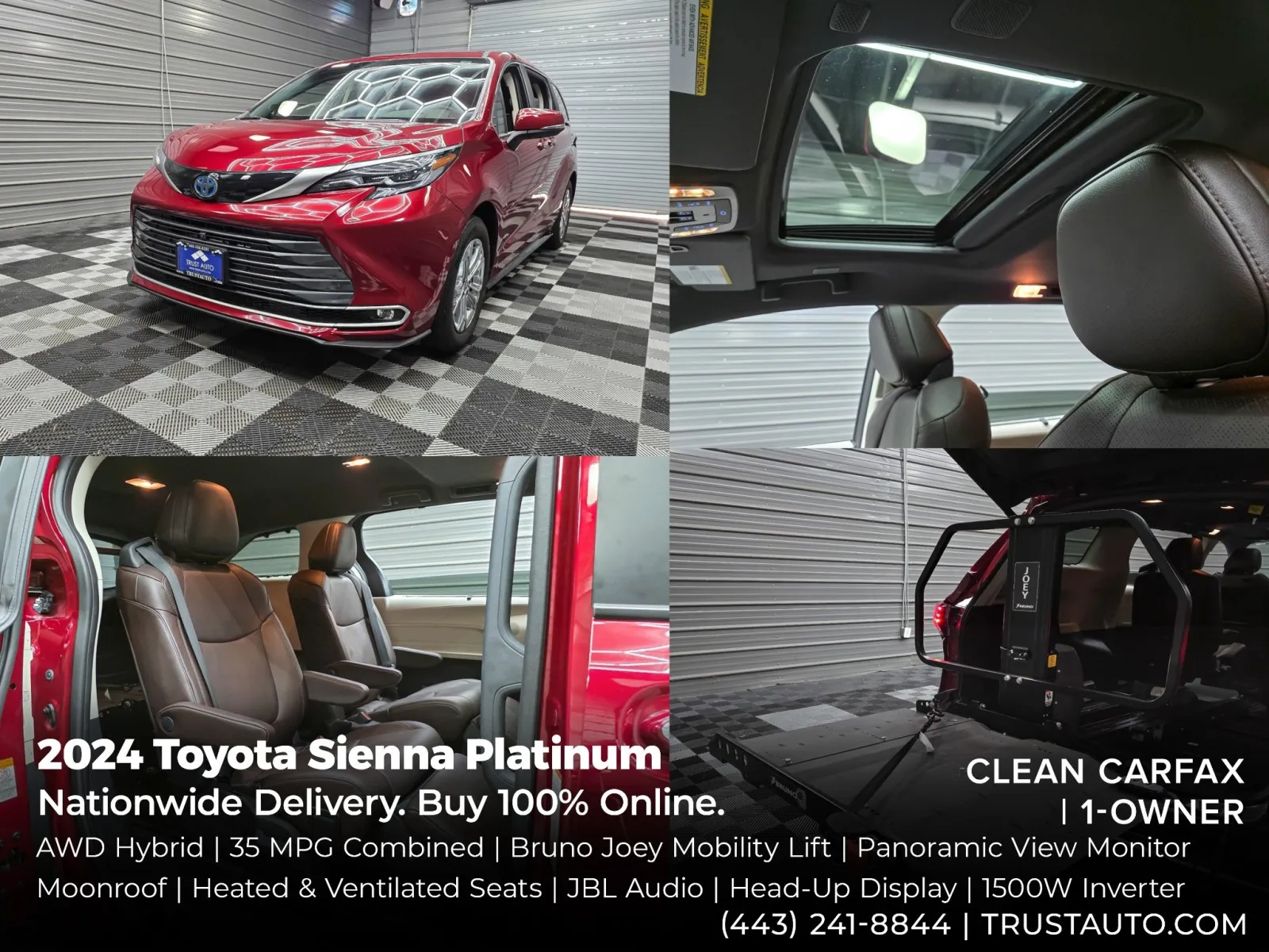 Red 2024 Toyota Sienna Platinum AWD 7-Passenger Hybrid Minivan/Van for sale in Sykesville, MD