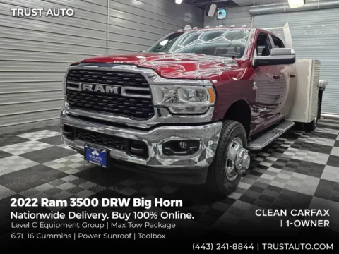 Red 2022 Ram 3500 Chassis Flatbed Big Horn 4WD DRW Crew Cab Dually Cummins HO Diesel Pickup Truck w/Level C Equipment Group for sale in Sykesville, MD