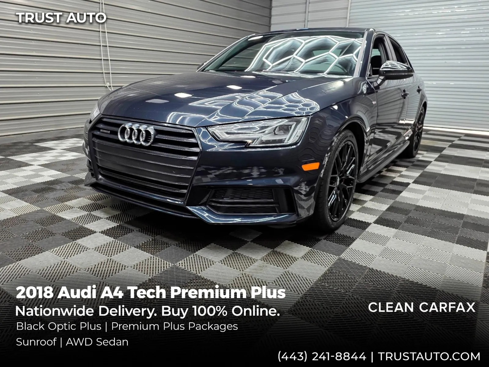 Blue 2018 Audi A4 Tech Premium Plus 2.0 TFSI quattro AWD Sedan w/Black Optic Plus Pkg for sale in Sykesville, MD