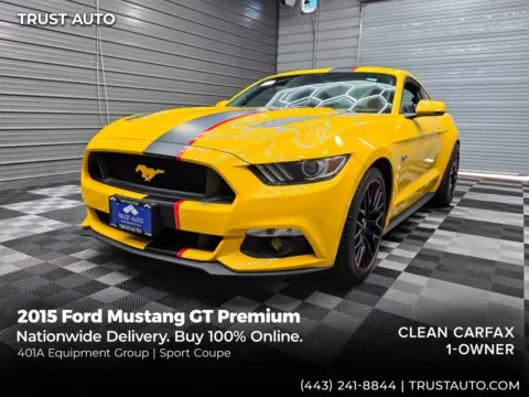 Yellow 2015 Ford Mustang GT Premium Coupe w/Equipment Group 401A for sale in Sykesville, MD