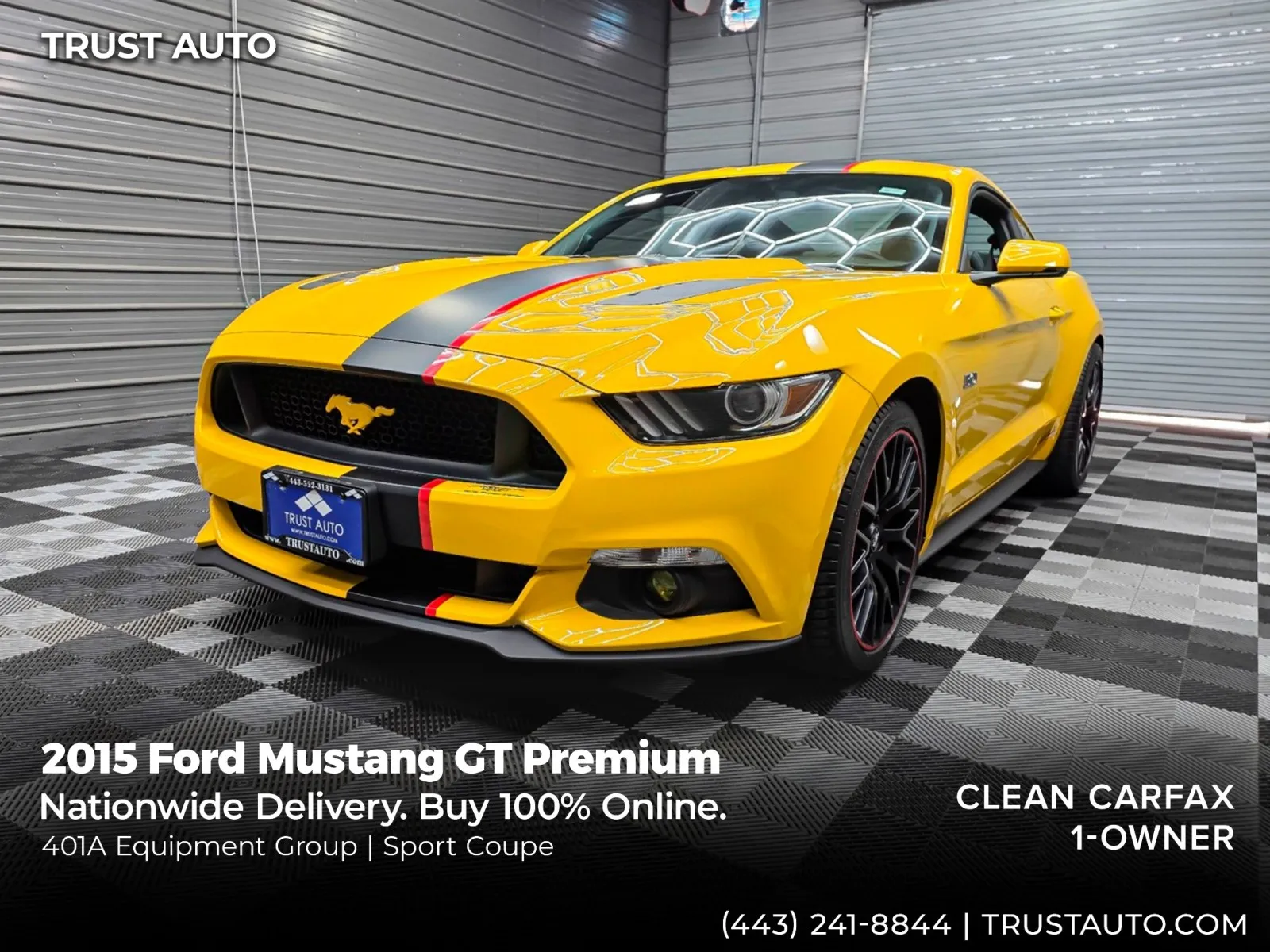 Yellow 2015 Ford Mustang GT Premium Coupe w/Equipment Group 401A for sale in Sykesville, MD