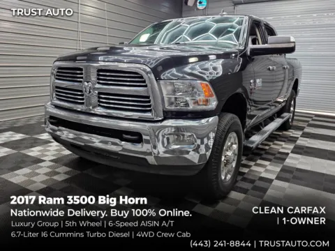 Black 2017 Ram 3500 Big Horn 4WD Crew Cab Cummins Diesel Pickup Truck w/5th Wheel for sale in Sykesville, MD