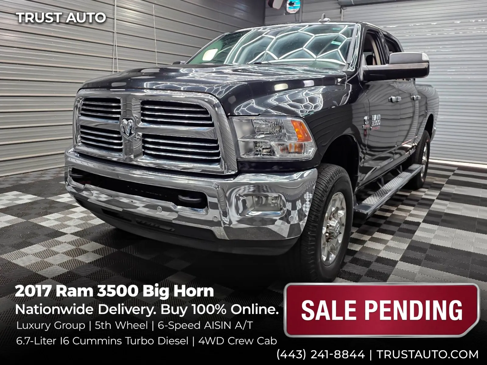 Black 2017 Ram 3500 Big Horn 4WD Crew Cab Cummins Diesel Pickup Truck w/5th Wheel for sale in Sykesville, MD