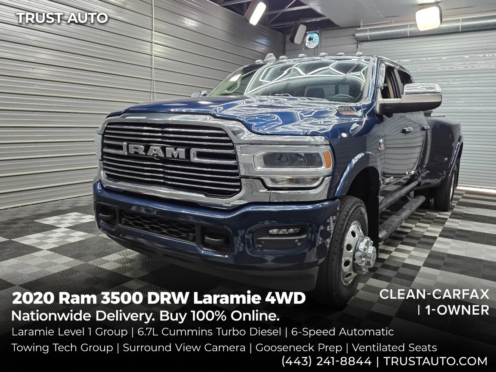 Blue 2020 Ram 3500 DRW Laramie 4WD Crew Cab 6.7L Cummins Turbo Diesel Pickup Truck w/La for sale in Sykesville, MD