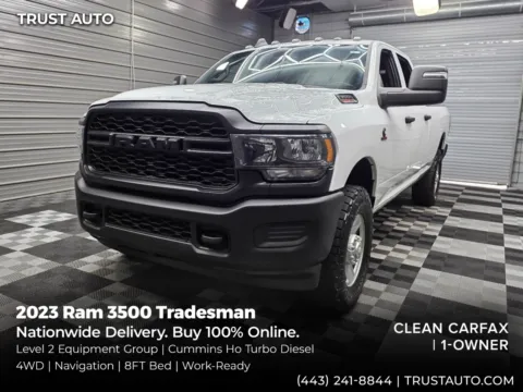 White 2023 Ram 3500 Tradesman 4WD Crew Cab 8FT Bed Cummins HO Diesel Pickup Truck w/Level 2 Equipment Group for sale in Sykesville, MD