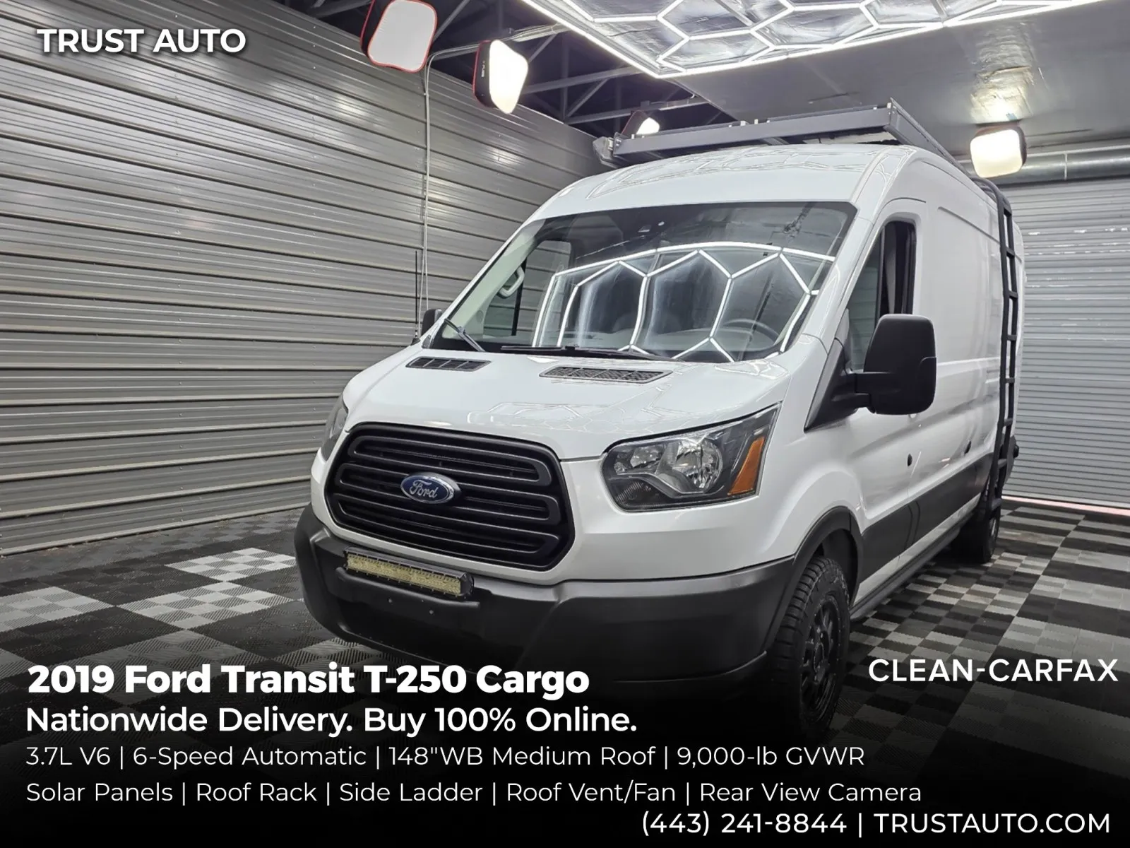 White 2019 Ford Transit T-250 Cargo 148''WB Medium Roof Minivan/Van w/Solar Panels for sale in Sykesville, MD