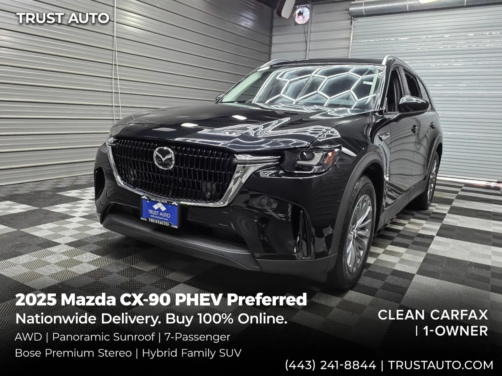 Black 2025 Mazda CX-90 PHEV Preferred AWD 7-Passenger Hybrid SUV for sale in Sykesville, MD