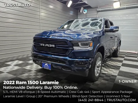 Blue 2022 Ram 1500 Laramie 4WD Crew Cab 5.7L V8 HEMI Pickup Truck w/Sport Appearance Pkg for sale in Sykesville, MD
