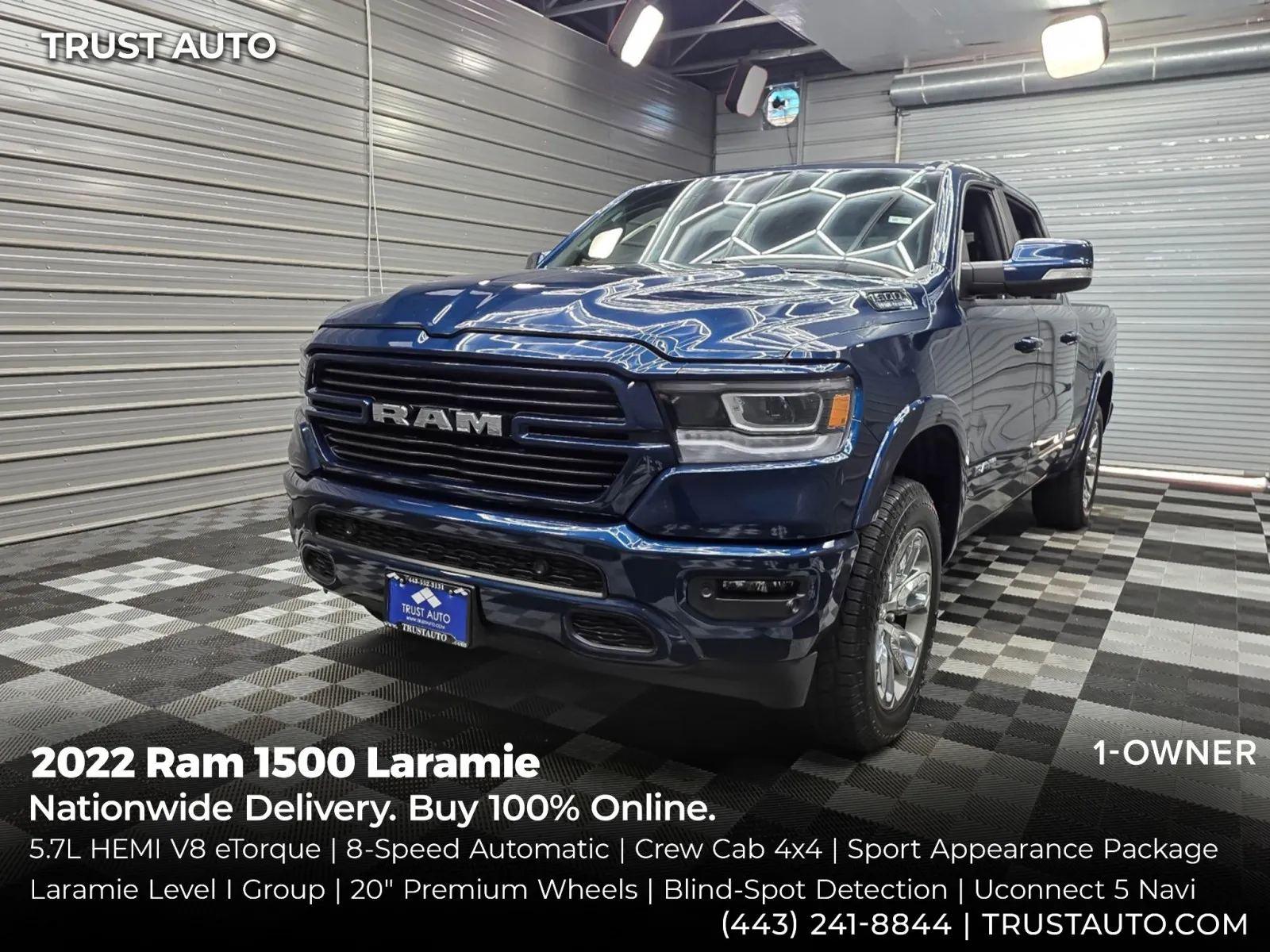 Blue 2022 Ram 1500 Laramie 4WD Crew Cab 5.7L V8 HEMI Pickup Truck w/Sport Appearance Pkg for sale in Sykesville, MD