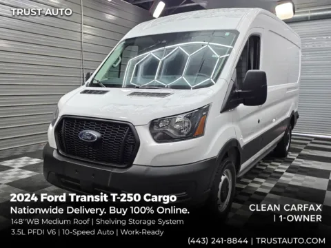 White 2024 Ford Transit T-250 Cargo 148''WB Medium Roof Minivan/Van w/Shelving Storage System for sale in Sykesville, MD