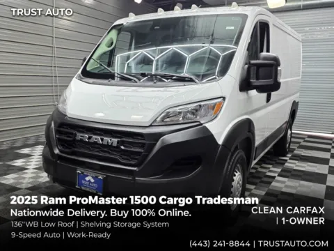 White 2025 Ram ProMaster 1500 Cargo Tradesman 136''WB Low Roof Minivan/Van w/Shelving Storage System for sale in Sykesville, MD
