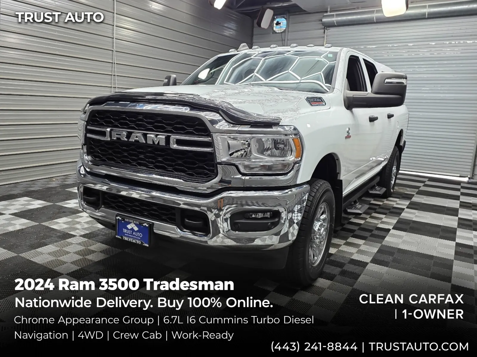 White 2024 Ram 3500 Tradesman 4WD Crew Cab Cummins Turbo Diesel Pickup Truck w/Chrome Appearance Group for sale in Sykesville, MD