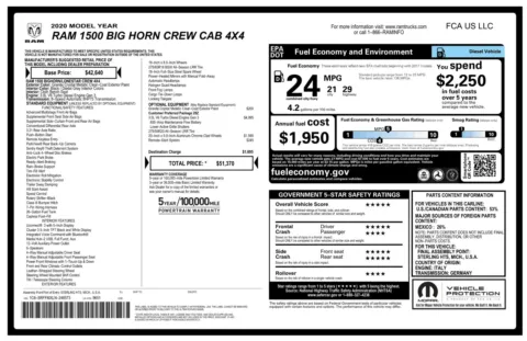 Another view of 2020 Ram 1500 Big Horn 4WD Crew Cab 3.0L V6 Turbo Diesel Pickup Truck for sale in Sykesville, MD at Trust Auto