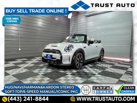 White 2022 MINI Convertible Cooper S 6-Speed Manual Convertible w/Iconic Pkg for sale in Sykesville, MD