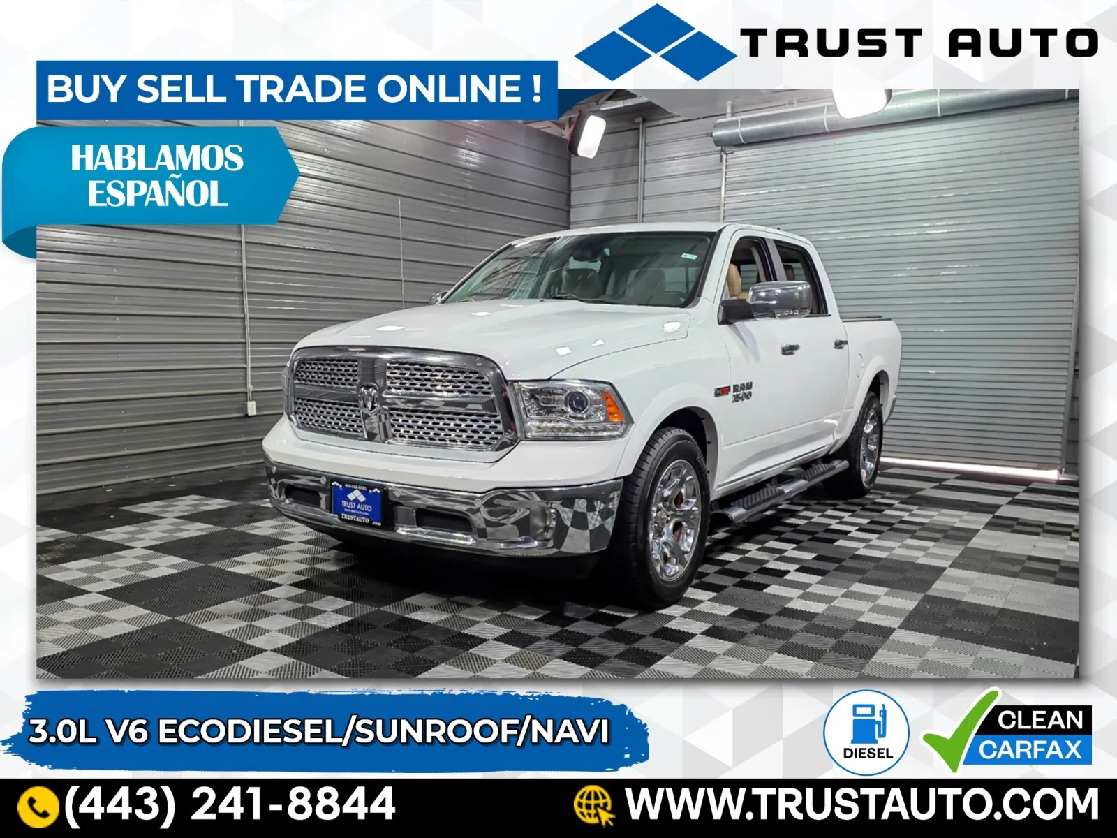 White 2018 Ram 1500 Laramie Crew Cab EcoDiesel Pickup Truck for sale in Sykesville, MD
