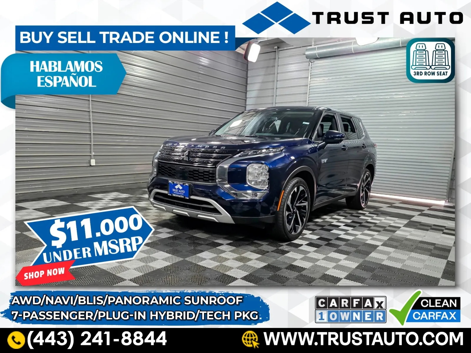 Blue 2025 Mitsubishi Outlander SE AWD Plug-In Hybrid 7-Passenger SUV w/Tech Pkg for sale in Sykesville, MD