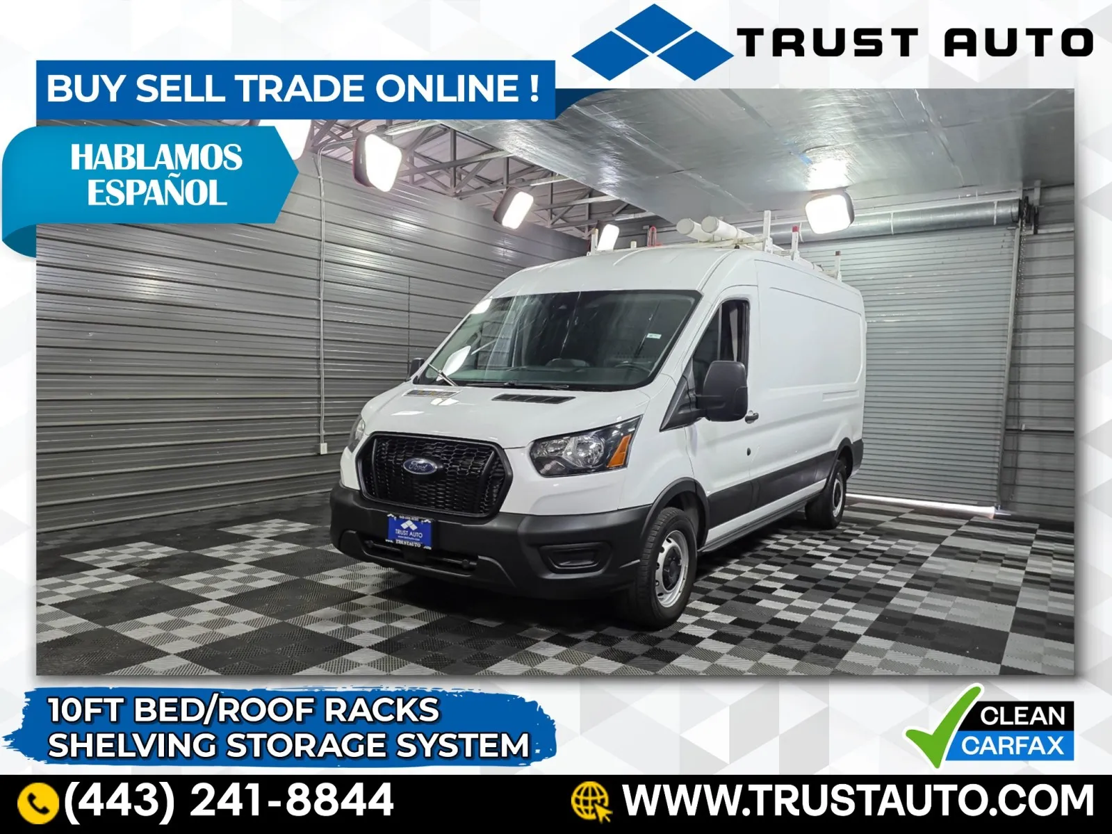 White 2021 Ford Transit T-250 Cargo 148''WB Medium Roof 10FT Bed Minivan/Van w/Roof Racks for sale in Sykesville, MD