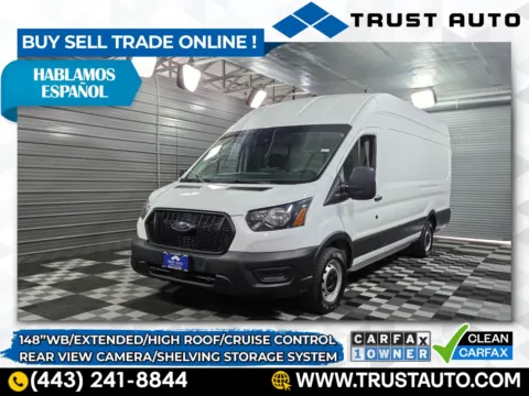 White 2021 Ford Transit T-350 Cargo 148''WB Extended High Roof Minivan/Van w/Shelving Storage System for sale in Sykesville, MD