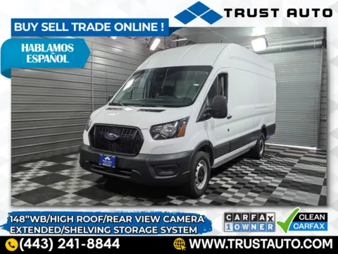 White 2021 Ford Transit T-350 Cargo 148''WB Extended High Roof Minivan/Van w/Shelving Storage System for sale in Sykesville, MD