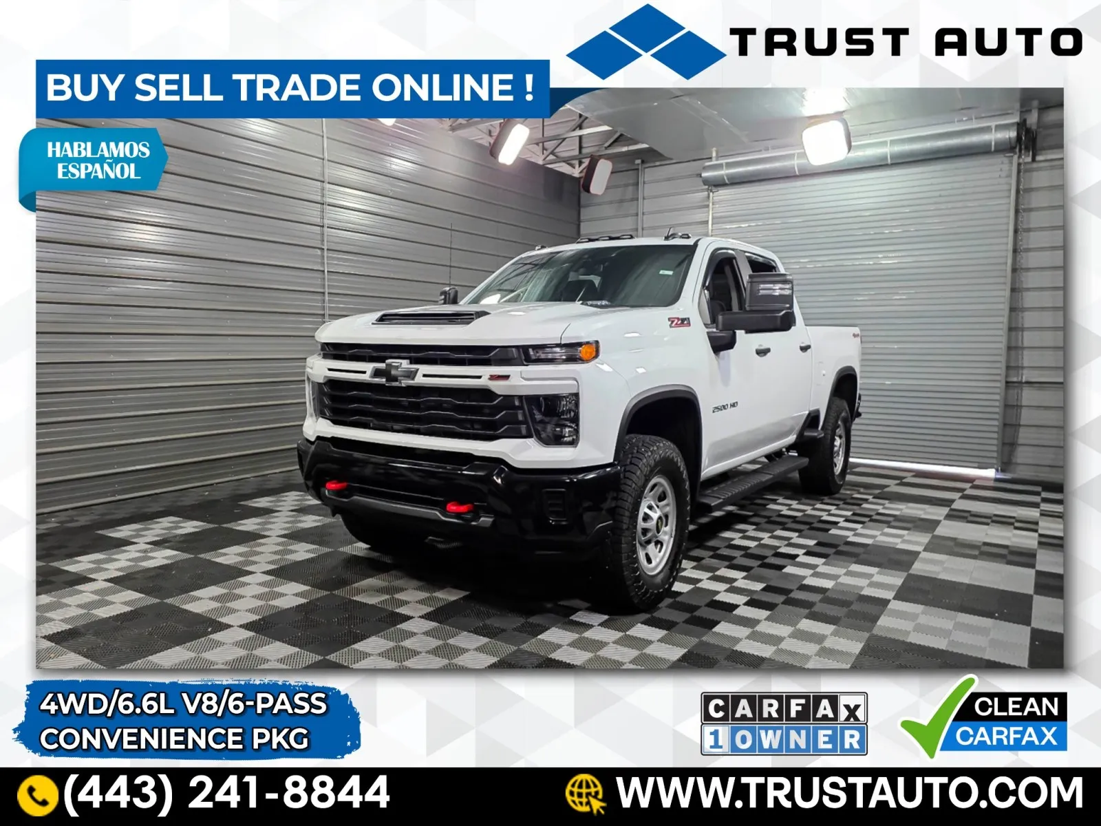 White 2024 Chevrolet Silverado 2500HD Custom 4WD Crew Cab 6-Pass 6.6L V8 Pickup Truck w/Convenience Pkg for sale in Sykesville, MD