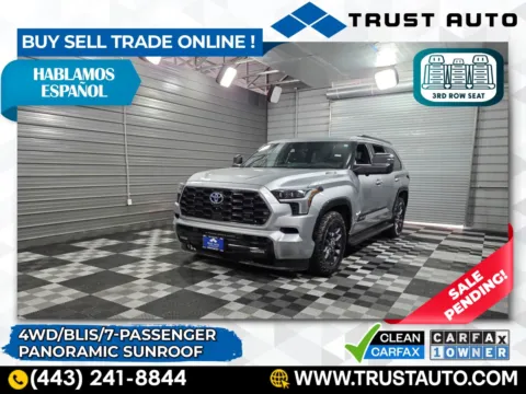 Silver 2023 Toyota Sequoia Platinum 4WD 7-Passenger Hybrid Luxury SUV for sale in Sykesville, MD