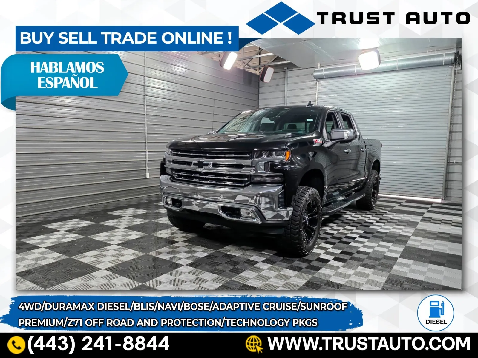 Black 2021 Chevrolet Silverado 1500 LTZ 4WD Crew Cab Duramax Diesel Pickup Truck w/Premium/Technology Pkgs for sale in Sykesville, MD
