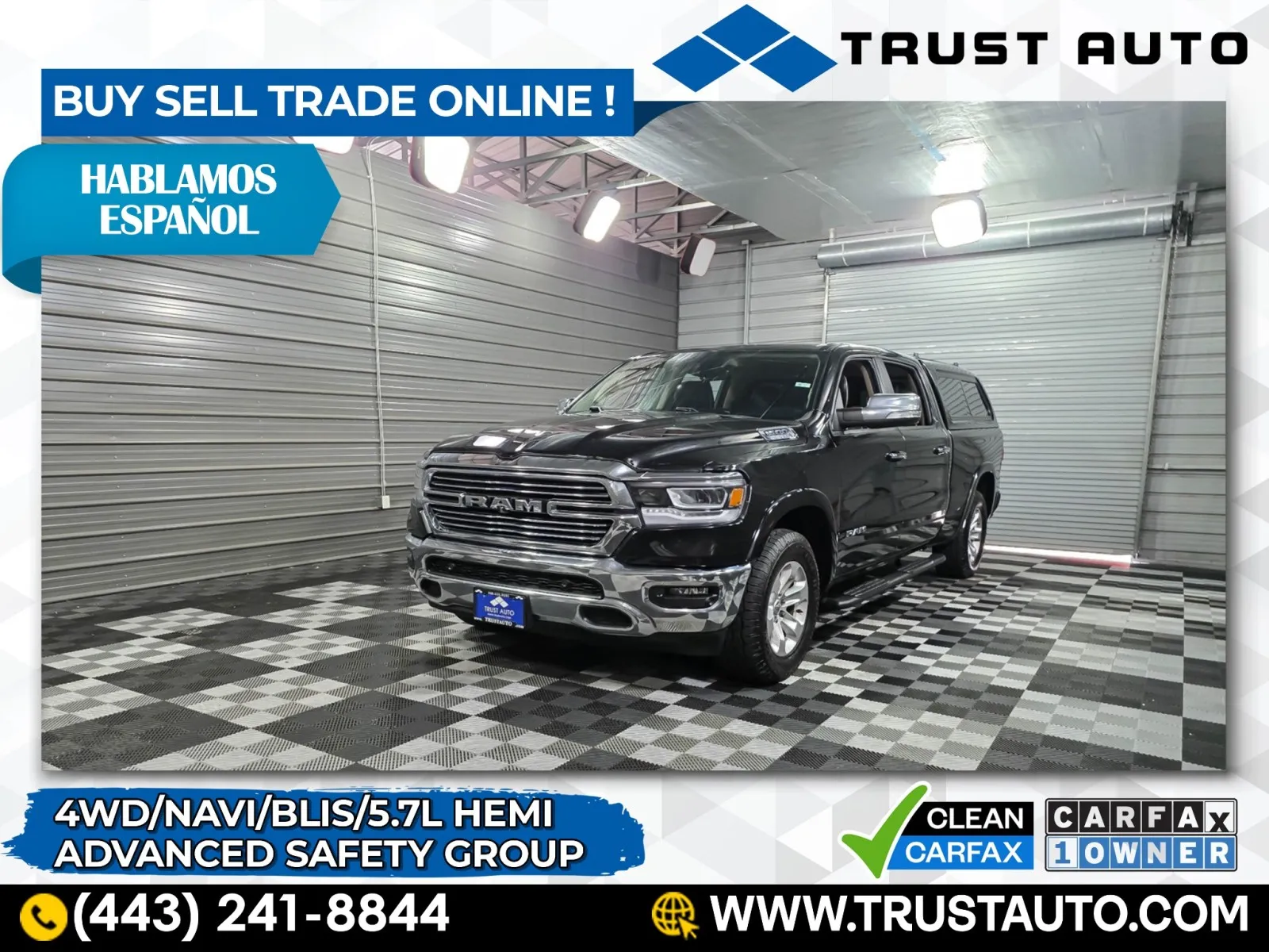 Black 2019 Ram 1500 Laramie 4WD Crew Cab 5.7L V8 HEMI 6.4FT Long Bed Pickup Truck for sale in Sykesville, MD