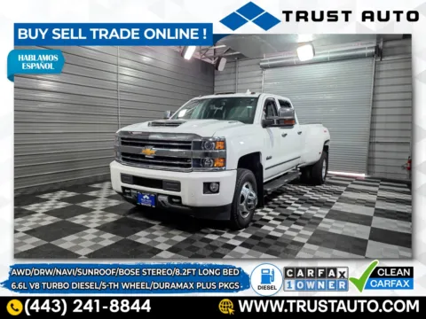 White 2019 Chevrolet Silverado 3500HD DRW High Country 4WD Crew Cab Dually 8FT Bed Duramax Diesel Pickup Truck w/Plus Pkg for sale in Sykesville, MD