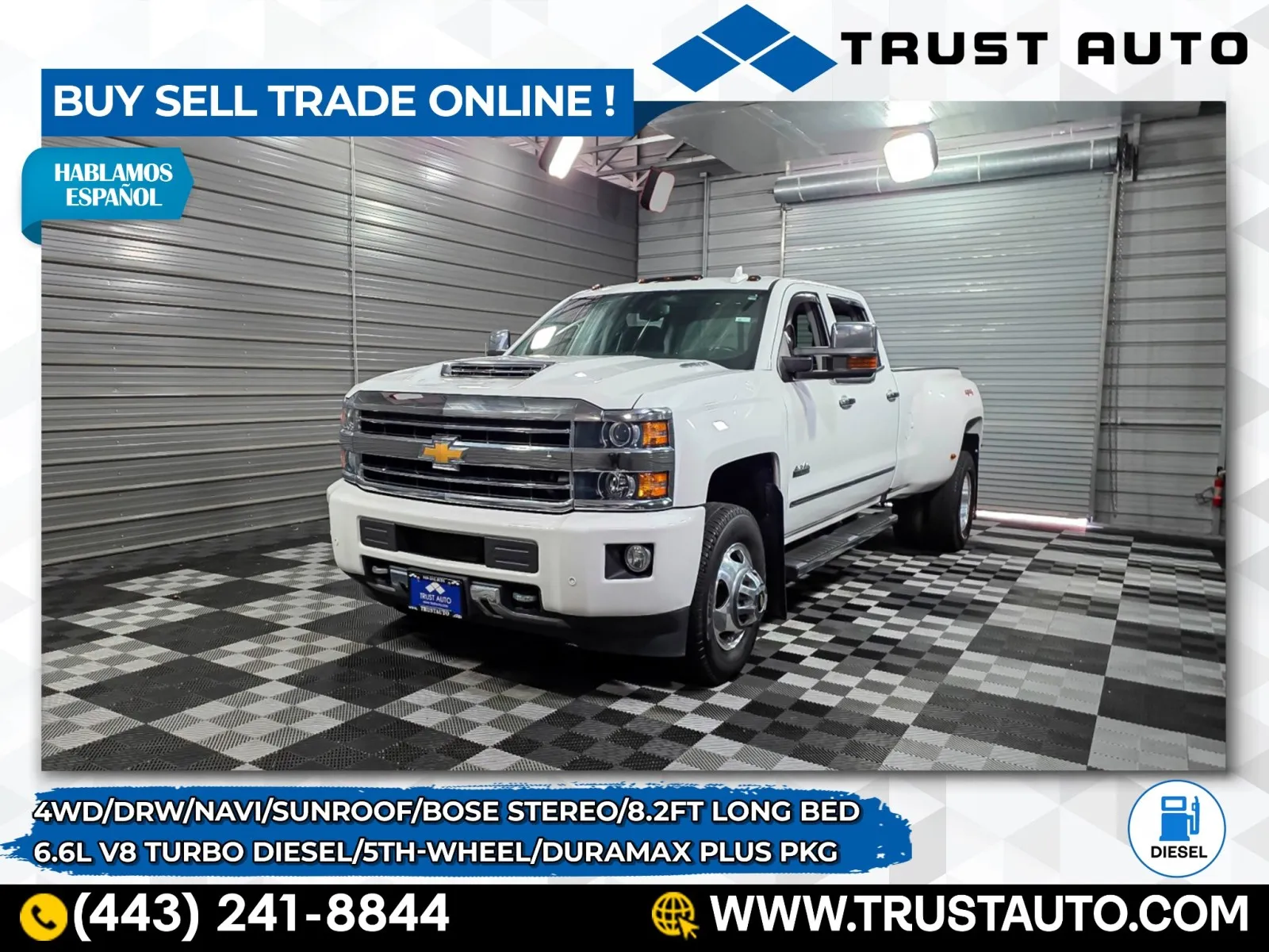 White 2019 Chevrolet Silverado 3500HD DRW High Country 4WD Crew Cab Dually 8FT Bed Duramax Diesel Pickup Truck w/Plus Pkg for sale in Sykesville, MD