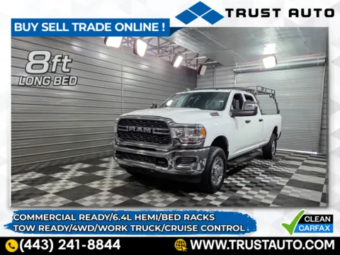 White 2024 Ram 3500 Tradesman 4WD Crew Cab 6-Pass 8FT Bed 6.4L Hemi V8 Pickup Truck w/Roof Racks/Chrome Appearance Group for sale in Sykesville, MD