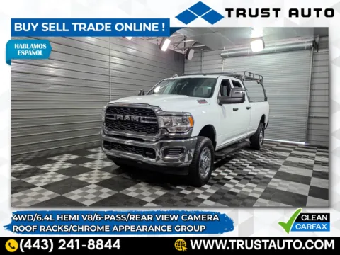 White 2024 Ram 3500 Tradesman 4WD Crew Cab 6-Pass 8FT Bed 6.4L Hemi V8 Pickup Truck w/Roof Racks/Chrome Appearance Group for sale in Sykesville, MD