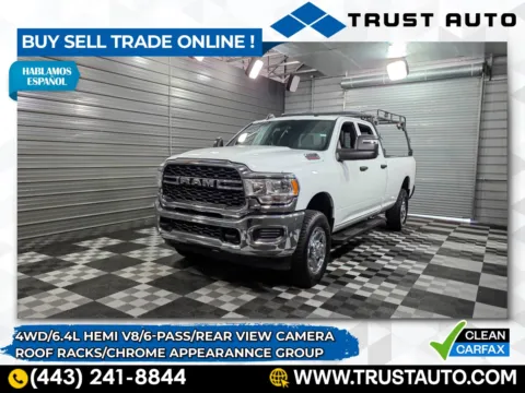 White 2024 Ram 3500 Tradesman 4WD Crew Cab 6-Pass 8FT Bed 6.4L Hemi V8 Pickup Truck w/Roof Racks/Chrome Appearance Group for sale in Sykesville, MD