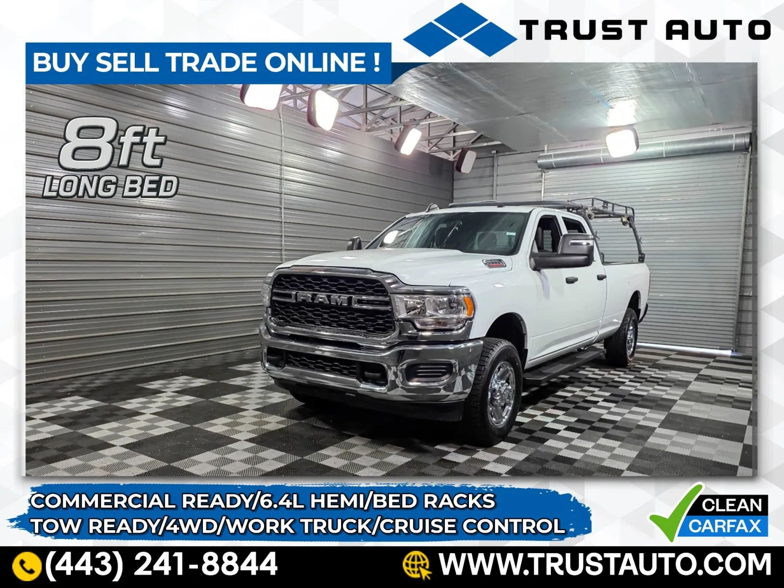 White 2024 Ram 3500 Tradesman 4WD Crew Cab 6-Pass 8FT Bed 6.4L Hemi V8 Pickup Truck w/Roof Racks/Chrome Appearance Group for sale in Sykesville, MD