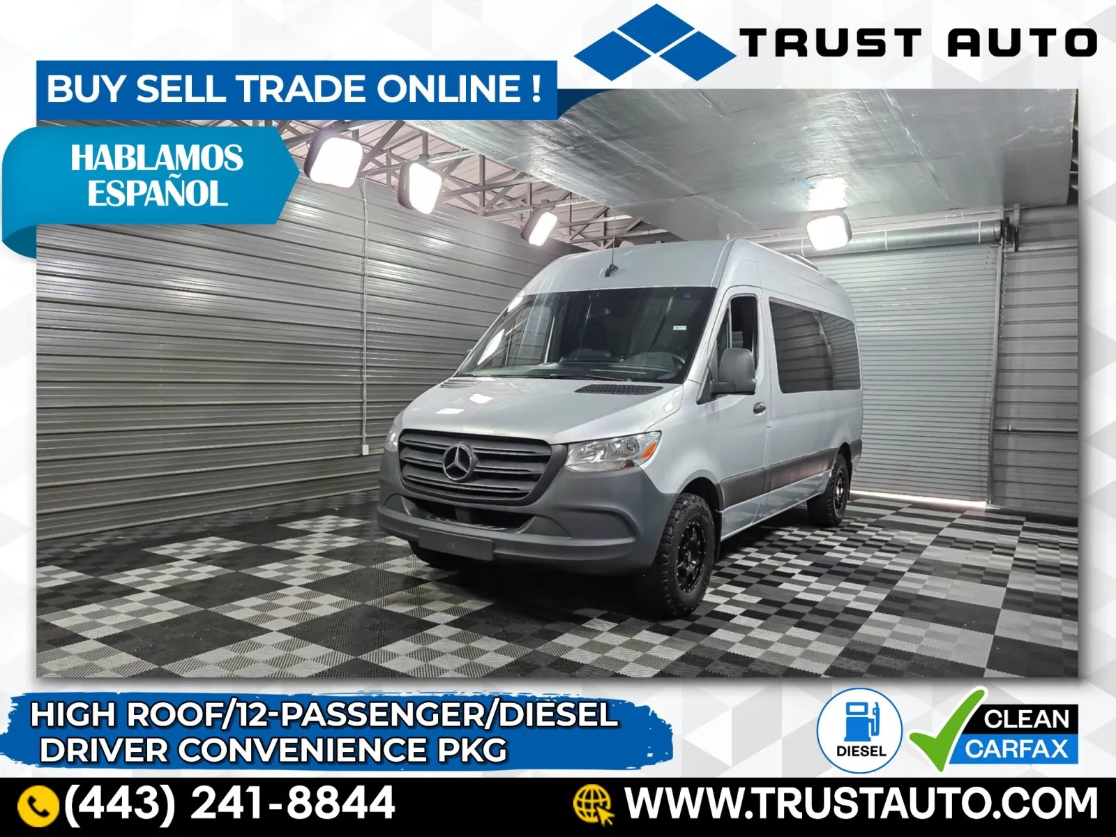 Silver 2019 Mercedes-Benz Sprinter 12-Passenger 144''WB High Roof Diesel Minivan/Van for sale in Sykesville, MD