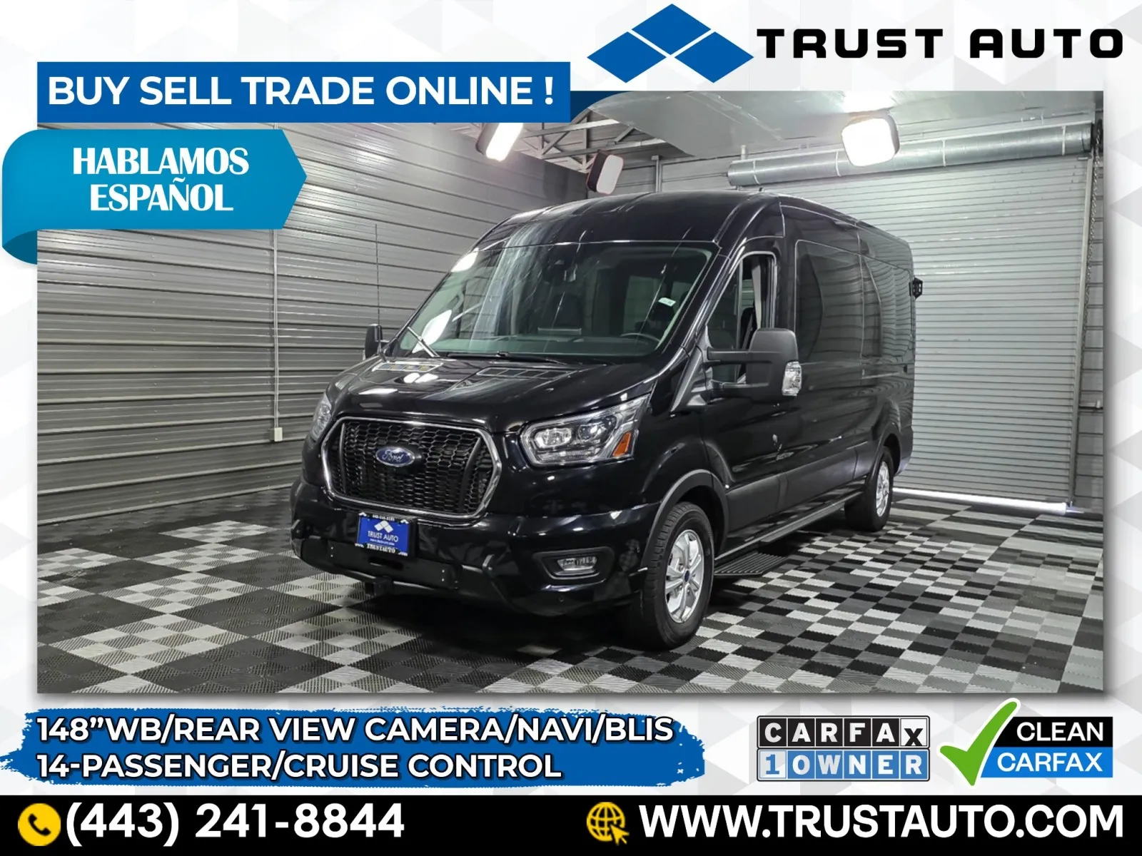 Black 2023 Ford Transit T-350 14-Passenger XLT 148''WB Medium Roof Minivan/Van for sale in Sykesville, MD