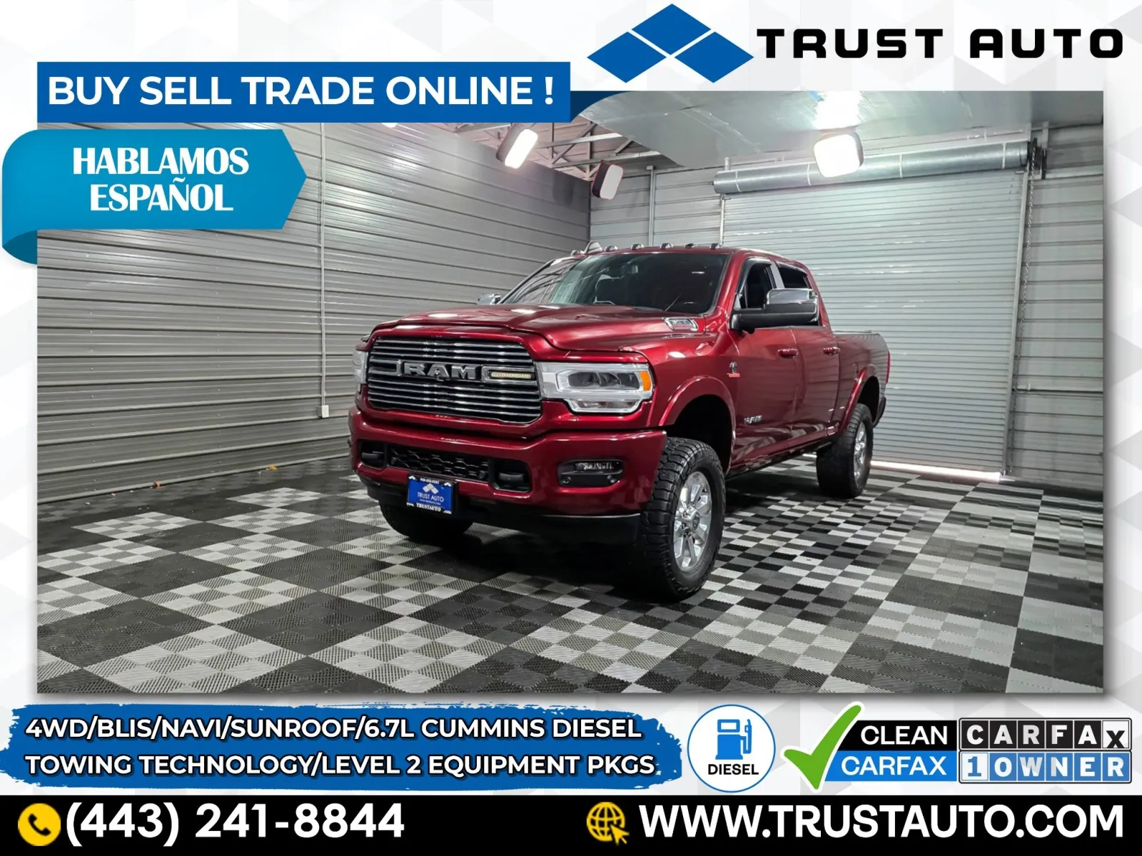 2019 Ram 3500 Laramie 4WD SRW Crew Cab Cummins Diesel Pickup Truck w/Level 2 Equipment Group