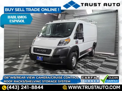 White 2021 Ram ProMaster 1500 Cargo 136'' WB Low Roof Minivan/Van w/Roof Racks/Shelving Storage System for sale in Sykesville, MD