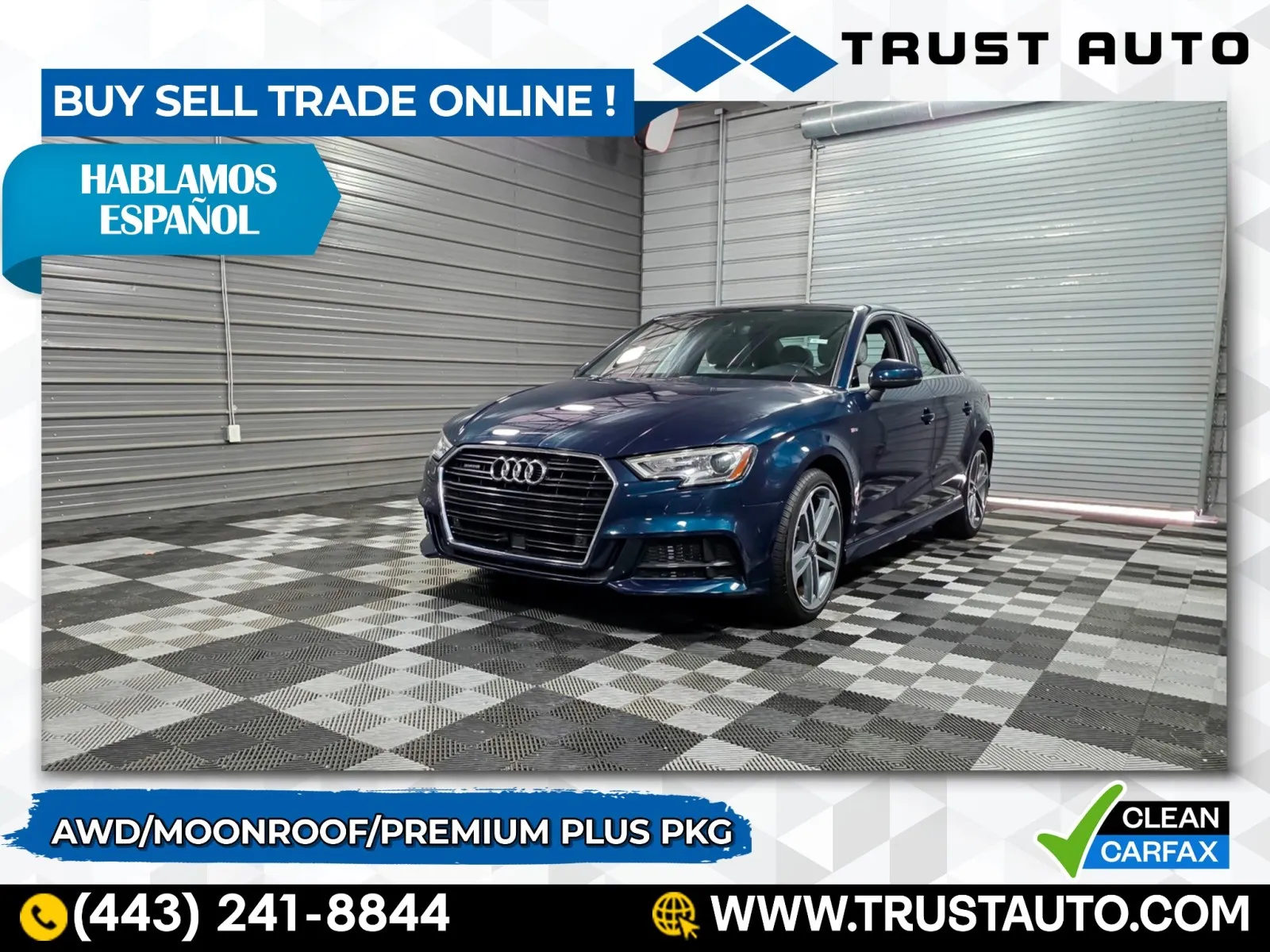 Blue 2017 Audi A3 Sedan 2.0 TFSI Quattro Premium Plus AWD Sedan for sale in Sykesville, MD