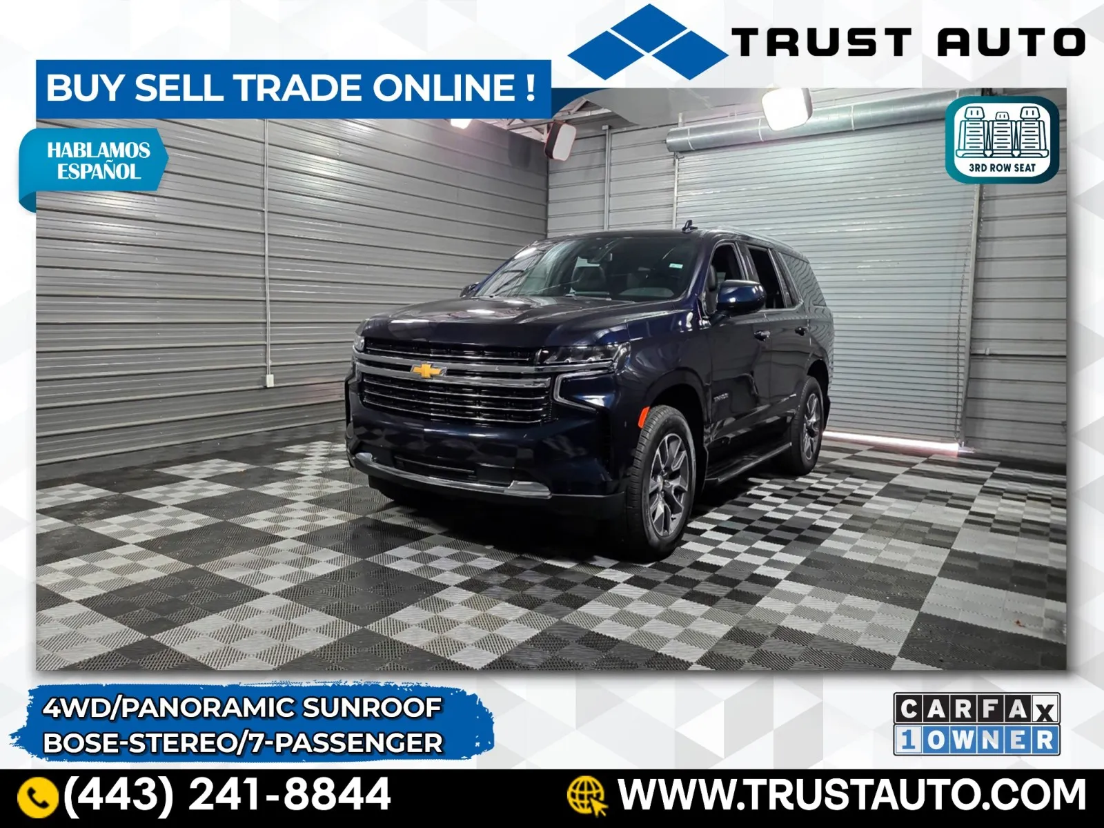 Blue 2023 Chevrolet Tahoe LT 4WD 7-Passenger Luxury SUV for sale in Sykesville, MD