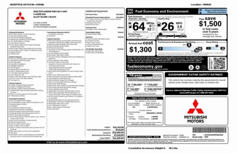 Another view of 2023 Mitsubishi Outlander PHEV SE for sale in Roswell, GA at Gravity Autos Roswell
