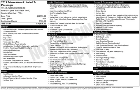 White 2019 Subaru Ascent Limited for sale in Berlin, NJ