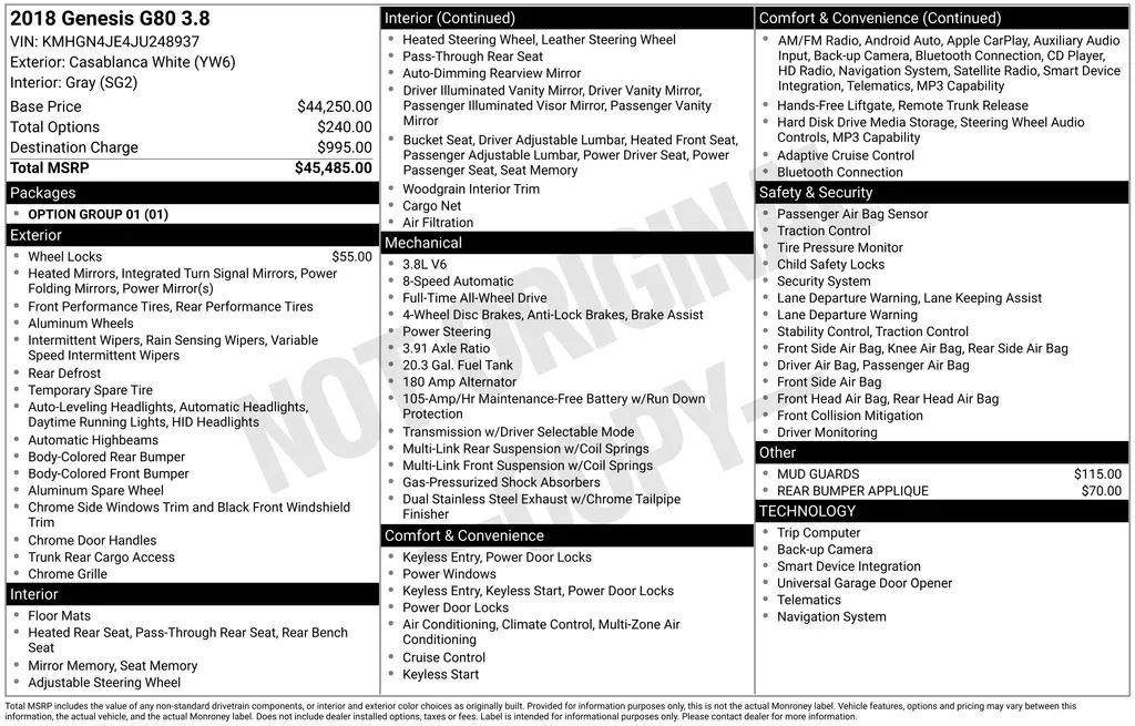 2018 Genesis G80 3.8 for sale in Berlin, NJ