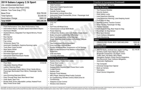 Red 2019 Subaru Legacy 2.5i for sale in Berlin, NJ